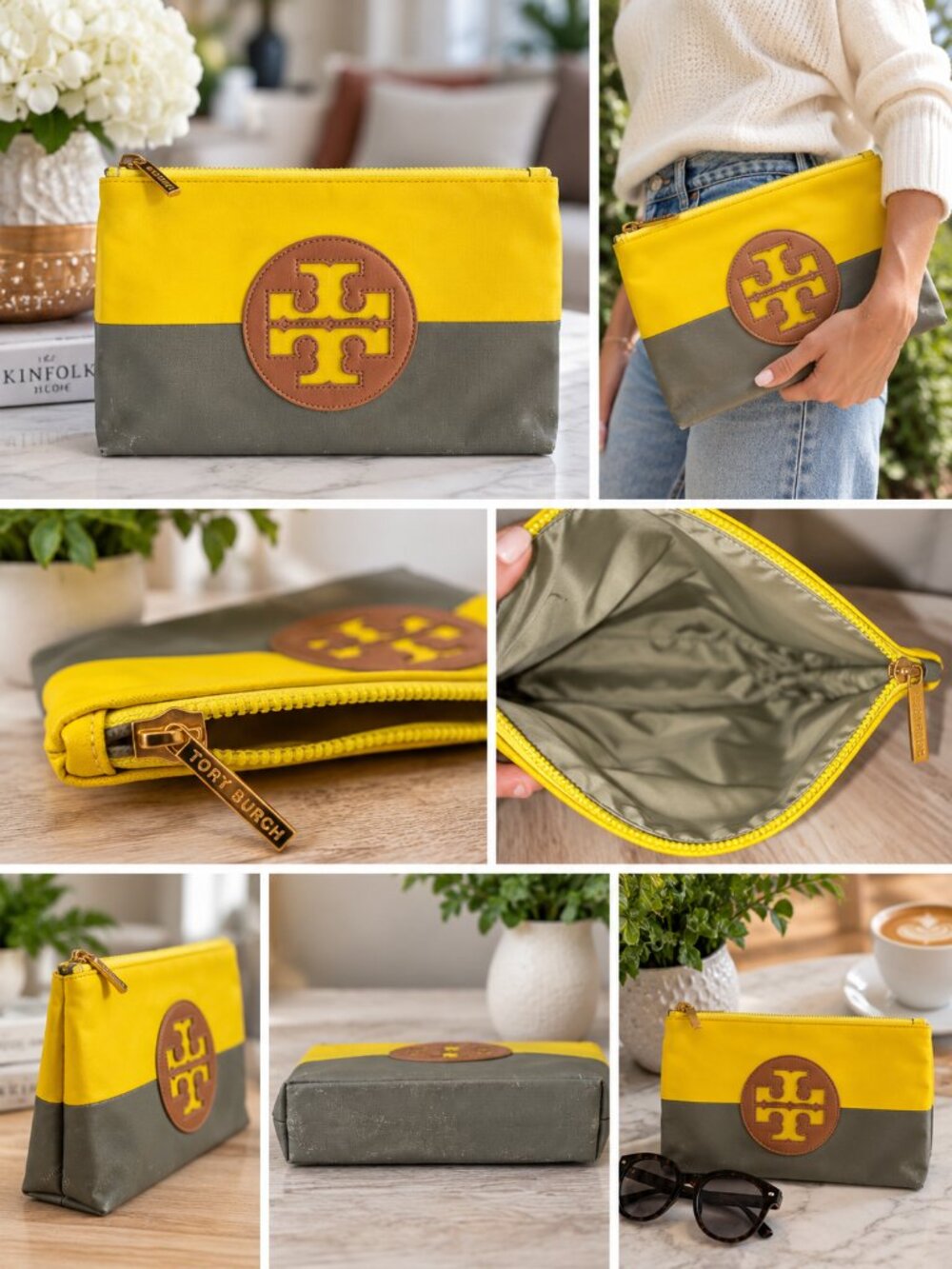 Tory Burch Yellow Gray Colorblock Logo Clutch Zip Pouch 12"